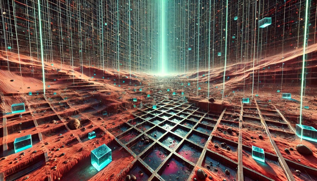 An AI generated image of a models land. The ground is divided by a grid and covered in red sand. Rain falls as laser-like streaks from the sky, and lands as glassy cubes on the ground.