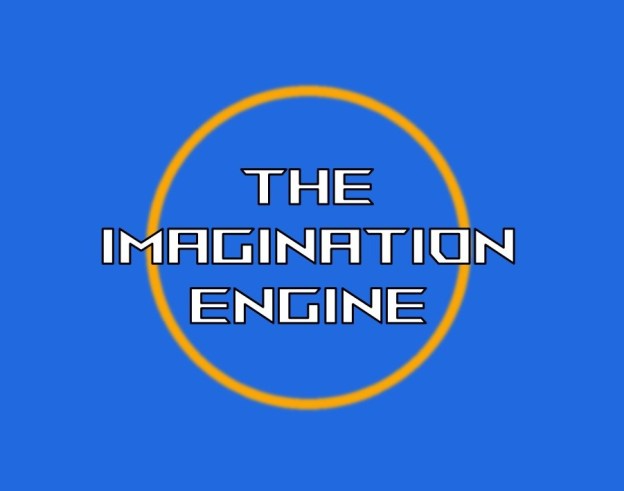 Logo - The Imagination Engine in a golden ring on a blue background.