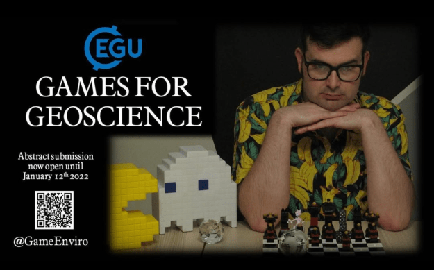Image for Games for Geoscience 2022. Chris in a banana shirt over a Lego chess board, copying the poster for The Queen's Gambit.
