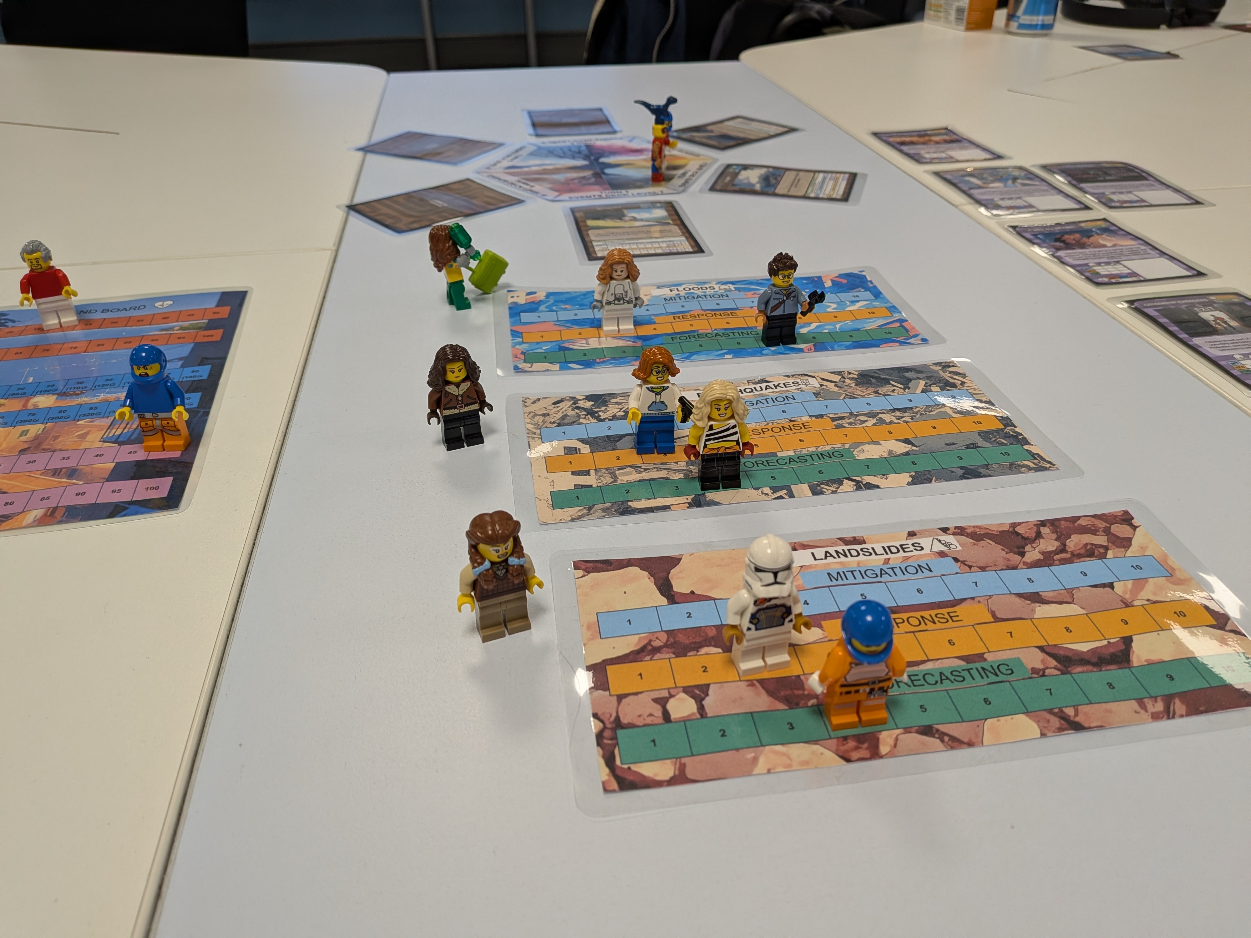 Game cards and Lego Minifigs on a table